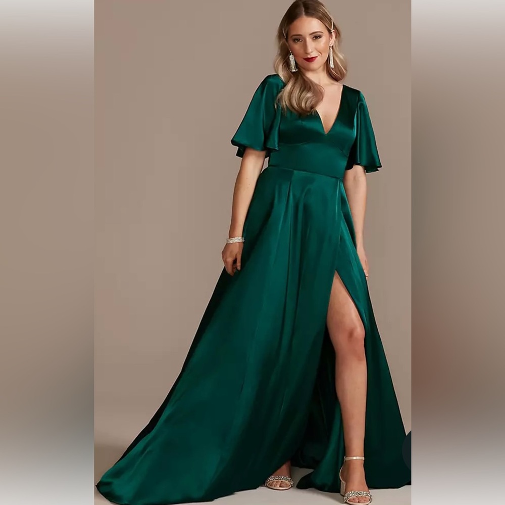 Charmeuse Flutter-Sleeve A-Line Dress | Bridesmaid | Evening Gown | Jewel tone